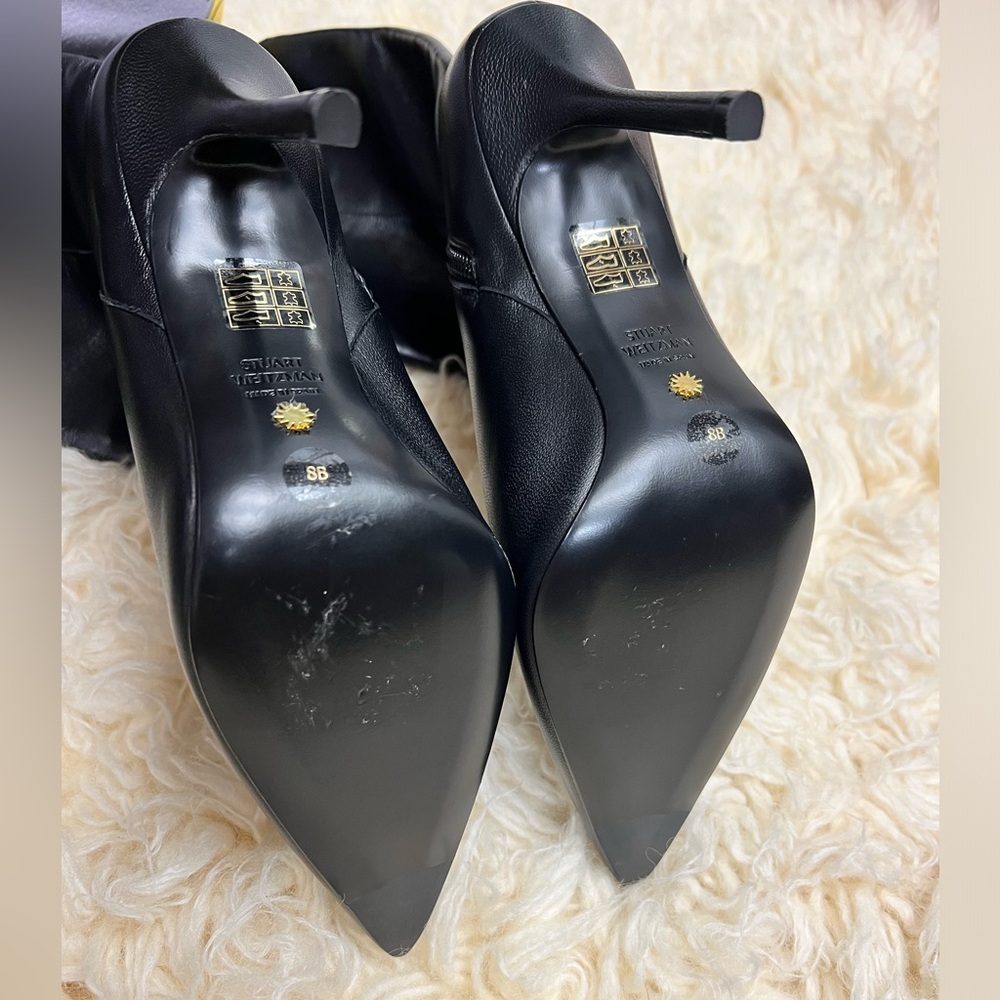 Stuart Weitzman Black Leather Over-the-Knee Pointed Toe Stiletto Boots - Picture 10 of 14